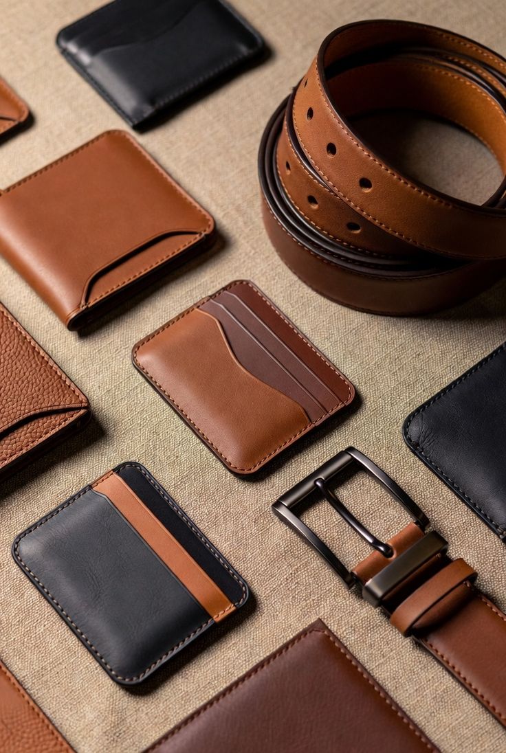 JHIDE leather wallets, card holders and belts laid out on linen